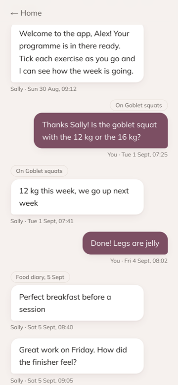 Messages, each one tagged with the exercise it is about